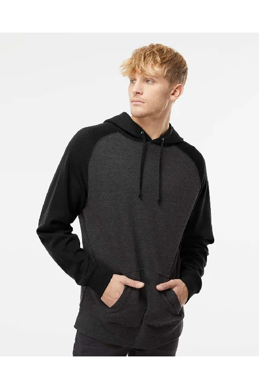 Men's breathable active hoodie-Independent Trading Co. Mens Raglan Hooded Sweatshirt Hoodie w/ Pouch Pockets - Heather Charcoal Grey/Black