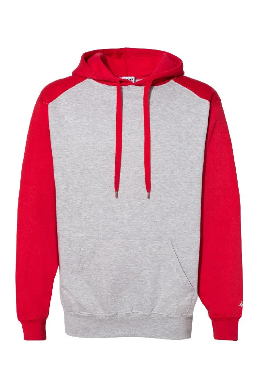 Men's wrinkle-resistant gym hoodie-Badger Mens Athletic Fleece Hooded Sweatshirt Hoodie w/ Pouch Pocket - Oxford Grey/Red - Closeout