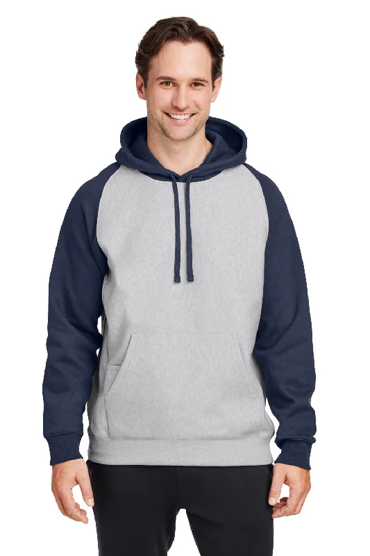 Men's tech-fabric gym hoodie-Team 365 Mens Zone HydroSport Water Resistant Colorblock Hooded Sweatshirt Hoodie w/ Pouch Pocket - Heather Grey/Dark Navy Blue