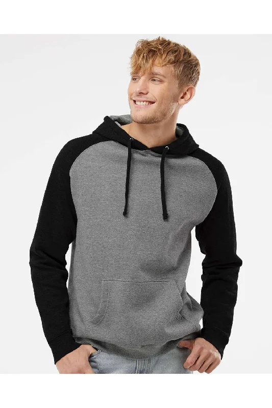 Men's wrinkle-resistant sports hoodie-Independent Trading Co. Mens Raglan Hooded Sweatshirt Hoodie w/ Pouch Pockets - Heather Gunmetal Grey/Black