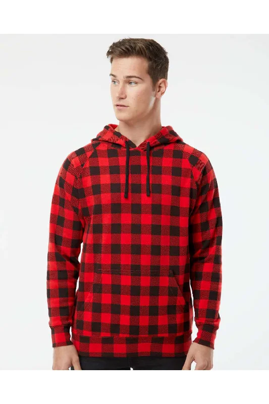 Men's quick-dry sports hoodie-Independent Trading Co. Mens Special Blend Raglan Hooded Sweatshirt Hoodie w/ Pouch Pocket - Red Buffalo Plaid