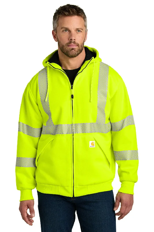 Men's sustainable gym hoodie-Carhartt Mens ANSI 107 Class 3 Water Resistant Full Zip Hooded Sweatshirt Hoodie w/ Pockets - Bright Lime Green - New