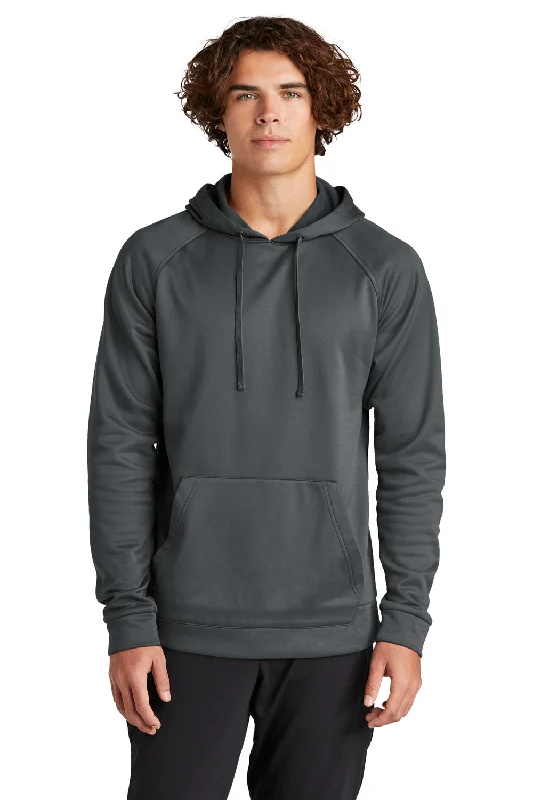 Men's fashionable zip-up hoodie-Sport-Tek Mens Re-Compete Fleece Anti Static Hooded Sweatshirt Hoodie w/ Pouch Pocket - Iron Grey