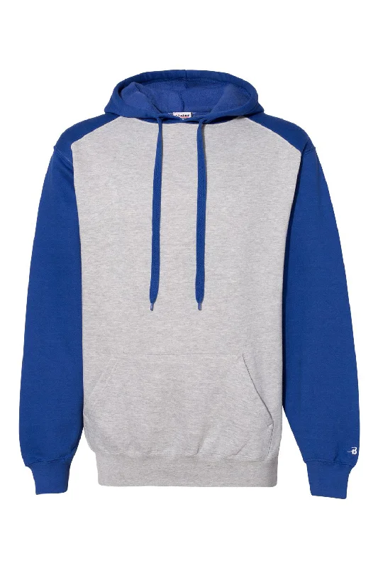 Men's weatherproof hiking hoodie-Badger Mens Athletic Fleece Hooded Sweatshirt Hoodie w/ Pouch Pocket - Oxford Grey/Royal Blue - Closeout