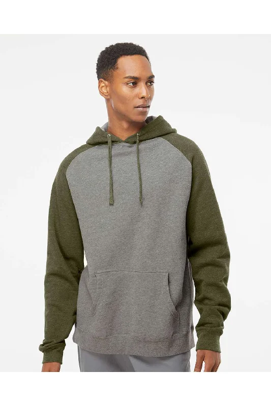 Men's weatherproof travel hoodie-Independent Trading Co. Mens Raglan Hooded Sweatshirt Hoodie w/ Pouch Pockets - Heather Gunmetal Grey/Heather Army Green