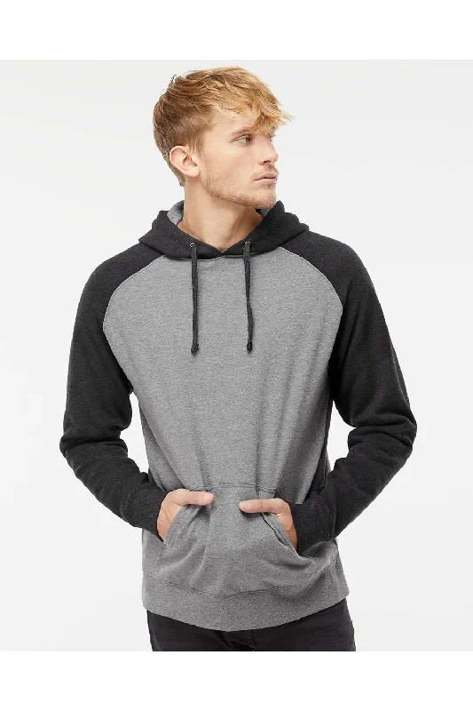 Men's versatile hiking hoodie-Independent Trading Co. Mens Raglan Hooded Sweatshirt Hoodie w/ Pouch Pockets - Heather Gunmetal Grey/Heather Charcoal Grey