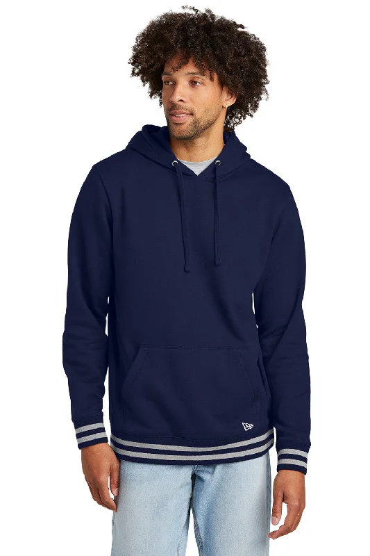 Men's fashionable zip-up hoodie-New Era Mens Comeback Fleece Hooded Sweatshirt Hoodie w/ Pouch Pocket - True Navy Blue/Heather Grey