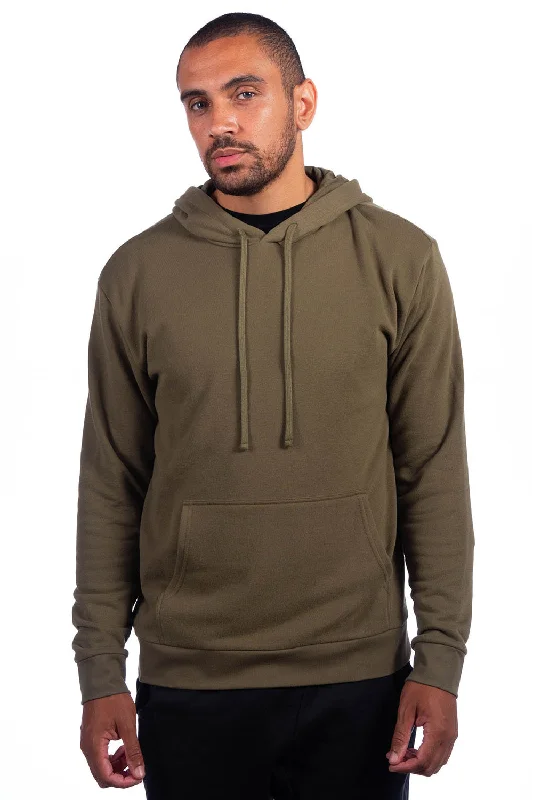 Men's gym-ready hiking hoodie-Next Level Mens Sueded French Terry Hooded Sweatshirt Hoodie w/ Pouch Pocket - Military Green