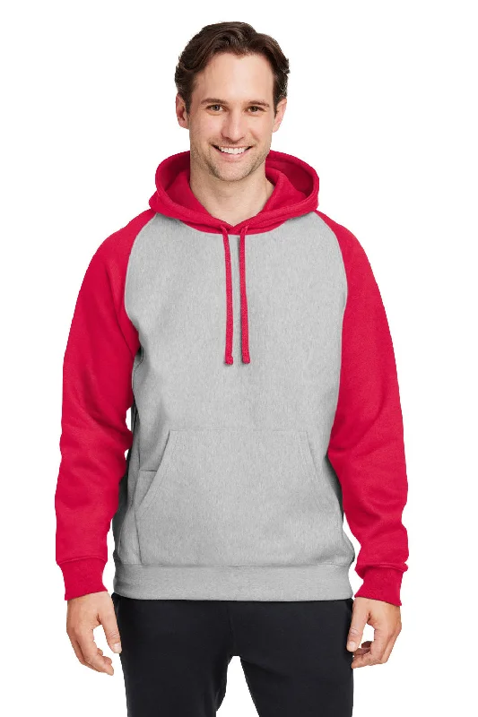 Men's sustainable travel hoodie-Team 365 Mens Zone HydroSport Water Resistant Colorblock Hooded Sweatshirt Hoodie w/ Pouch Pocket - Heather Grey/Red