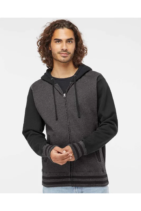 Men's relaxed fit gym hoodie-Independent Trading Co. Mens Varsity Full Zip Hooded Sweatshirt Hoodie w/ Pockets - Heather Charcoal Grey/Black