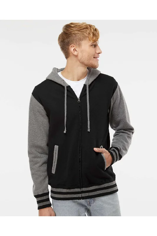 Men's sporty travel hoodie-Independent Trading Co. Mens Varsity Full Zip Hooded Sweatshirt Hoodie w/ Pockets - Black/Heather Gunmetal Grey