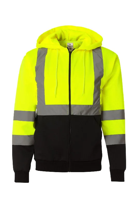 Men's tech-fabric gym hoodie-Kishigo Mens Hi-Vis Full Zip Hooded Sweatshirt Hoodie w/ Pockets - Lime Green