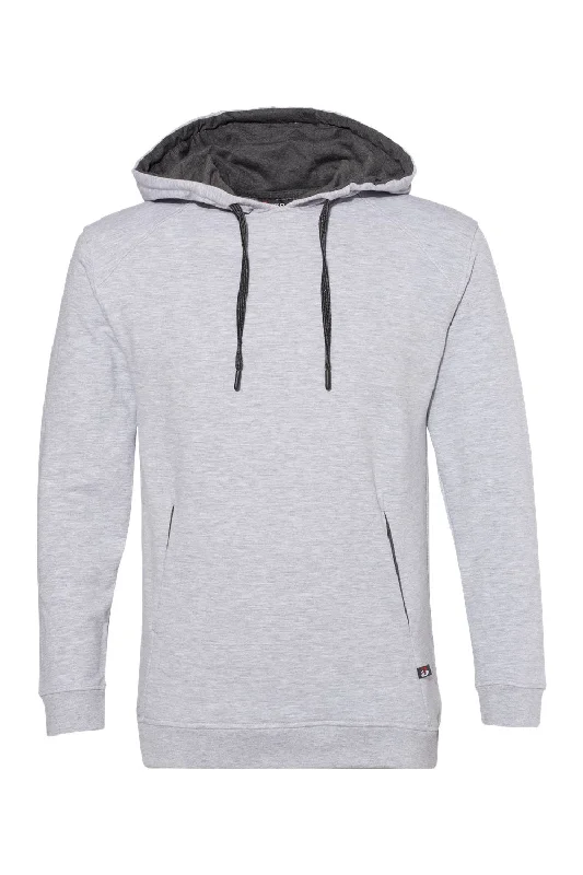 Men's pre-washed travel hoodie-Badger Mens FitFlex Moisture Wicking Hooded Sweatshirt Hoodie w/ Pouch Pocket - Oxford Grey - Closeout