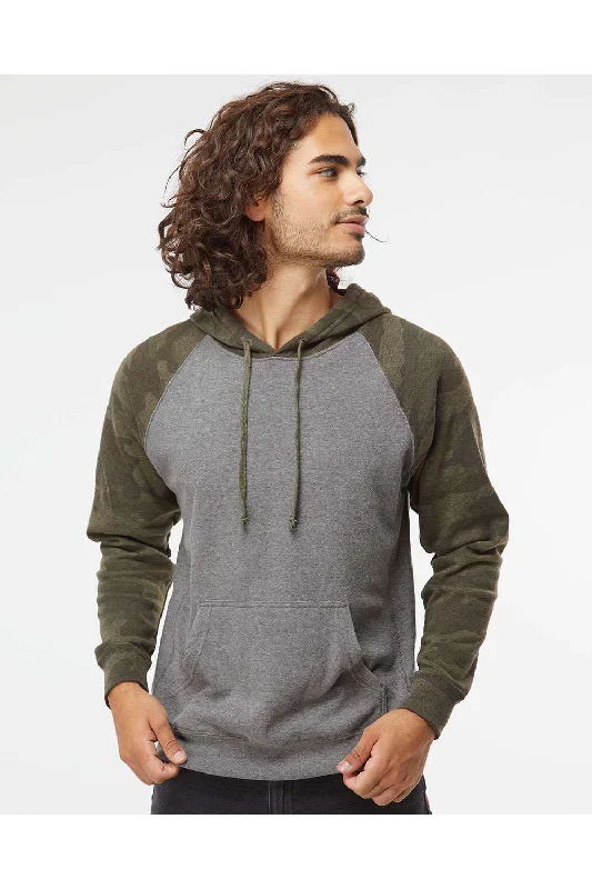 Men's versatile running hoodie-Independent Trading Co. Mens Special Blend Raglan Hooded Sweatshirt Hoodie w/ Pouch Pocket - Heather Nickel Grey/Forest Green Camo