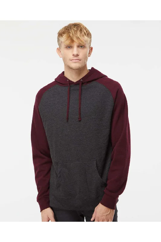 Men's adventure-ready gym hoodie-Independent Trading Co. Mens Raglan Hooded Sweatshirt Hoodie w/ Pouch Pockets - Heather Charcoal Grey/Heather Burgundy