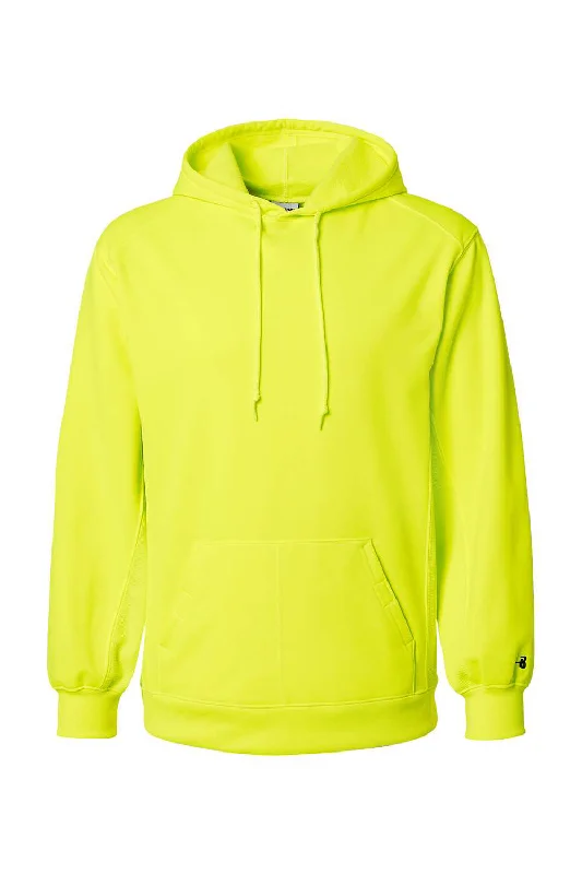 Men's comfortable workout hoodie-Badger Mens Performance Moisture Wicking Fleece Hooded Sweatshirt Hoodie w/ Pouch Pocket - Safety Yellow - Closeout