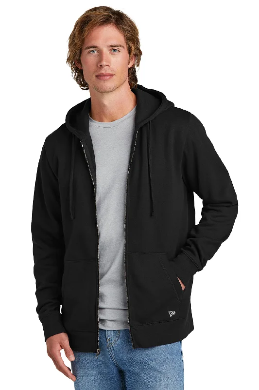 Men's wrinkle-free travel hoodie-New Era Mens Comeback Fleece Full Zip Hooded Sweatshirt Hoodie w/ Pockets - Black