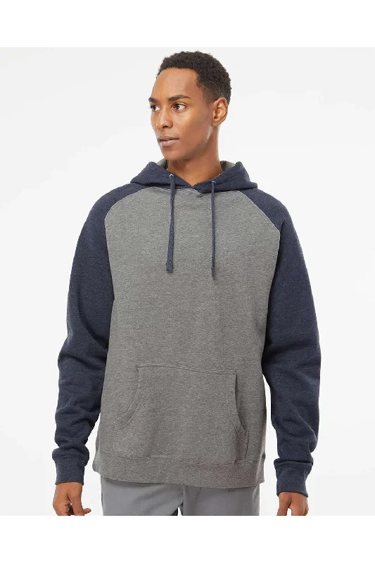 Men's ultra-comfortable gym hoodie-Independent Trading Co. Mens Raglan Hooded Sweatshirt Hoodie w/ Pouch Pockets - Heather Gunmetal Grey/Heather Classic Navy Blue