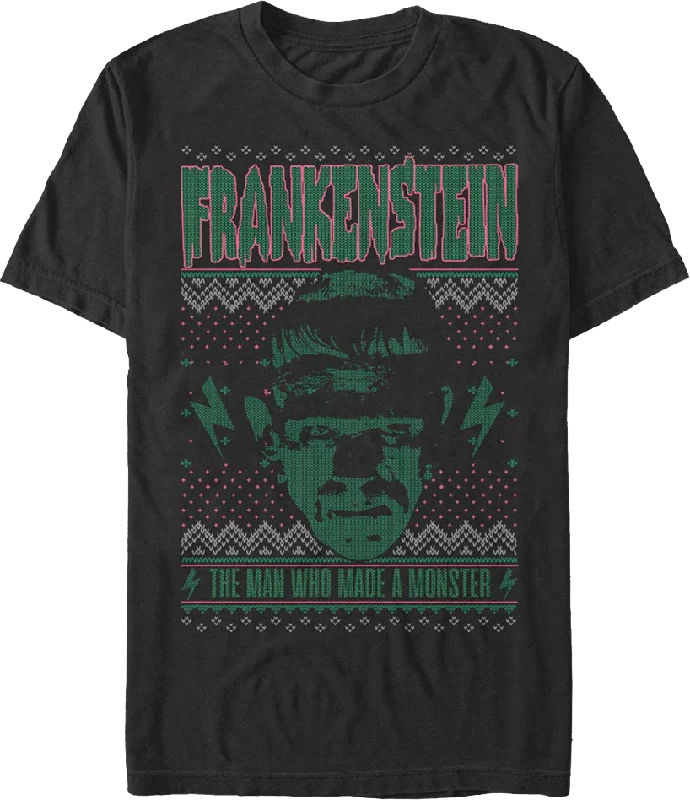 Men's vintage graphic t-shirt-Monster Faux Ugly Christmas Sweater Frankenstein T-Shirt