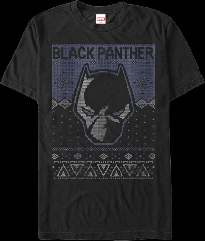 Men's heavyweight t-shirt-Black Panther Mask Faux Ugly Christmas Sweater Marvel Comics T-Shirt