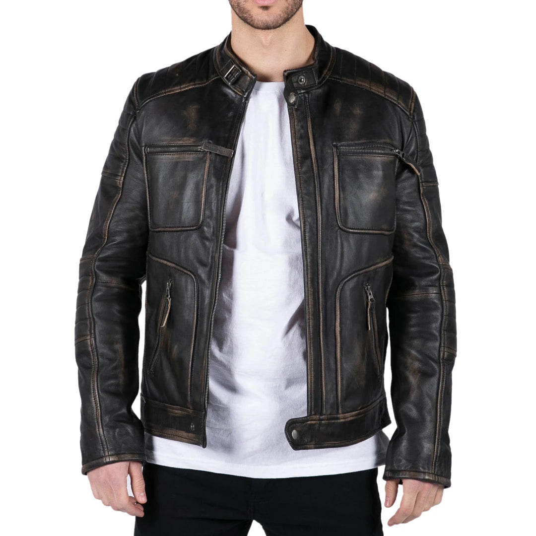 Men's eco-conscious raincoat-Men's Leather Black Brown Washed Jacket Biker Zipped