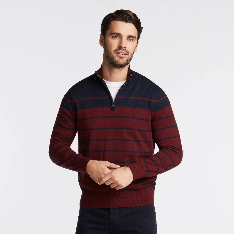 Men's UV protection knitwear-Nautica Mens Big & Tall Navtech Striped Quarter-Zip Sweater