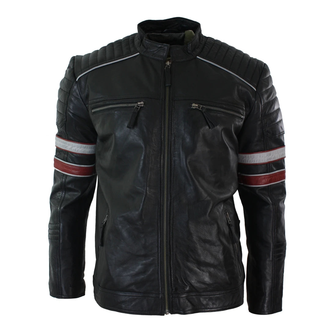 Men's organic denim jacket-Men's Black Racing Biker Jacket Red White Stripes Leather Fit