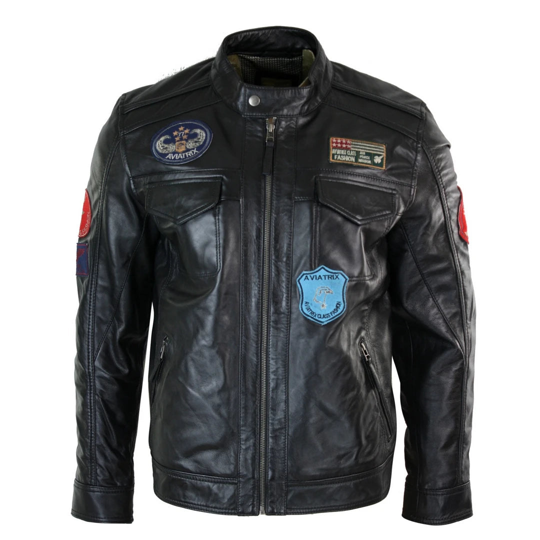 Men's wrinkle-free raincoat-Men's Black Leather Zip Jacket Badge Racing US Pilot