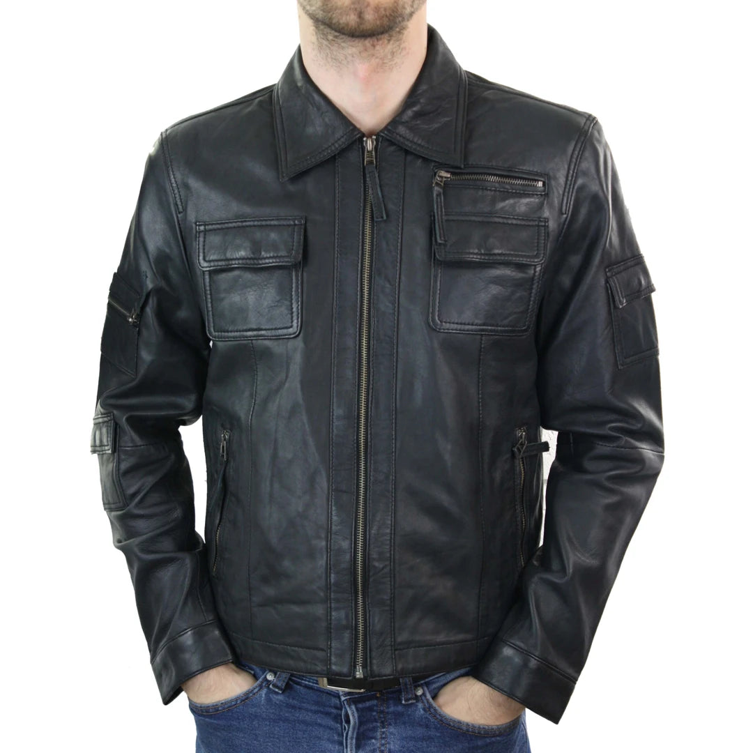 Men's summer softshell jacket-Men's Short Box Leather Jacket Black Zipped