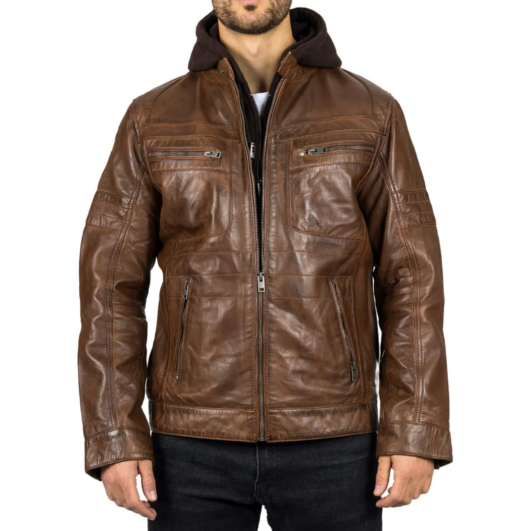 Men's weatherproof fleece jacket-Men's Brown Hooded Genuine Leather Biker Jacket