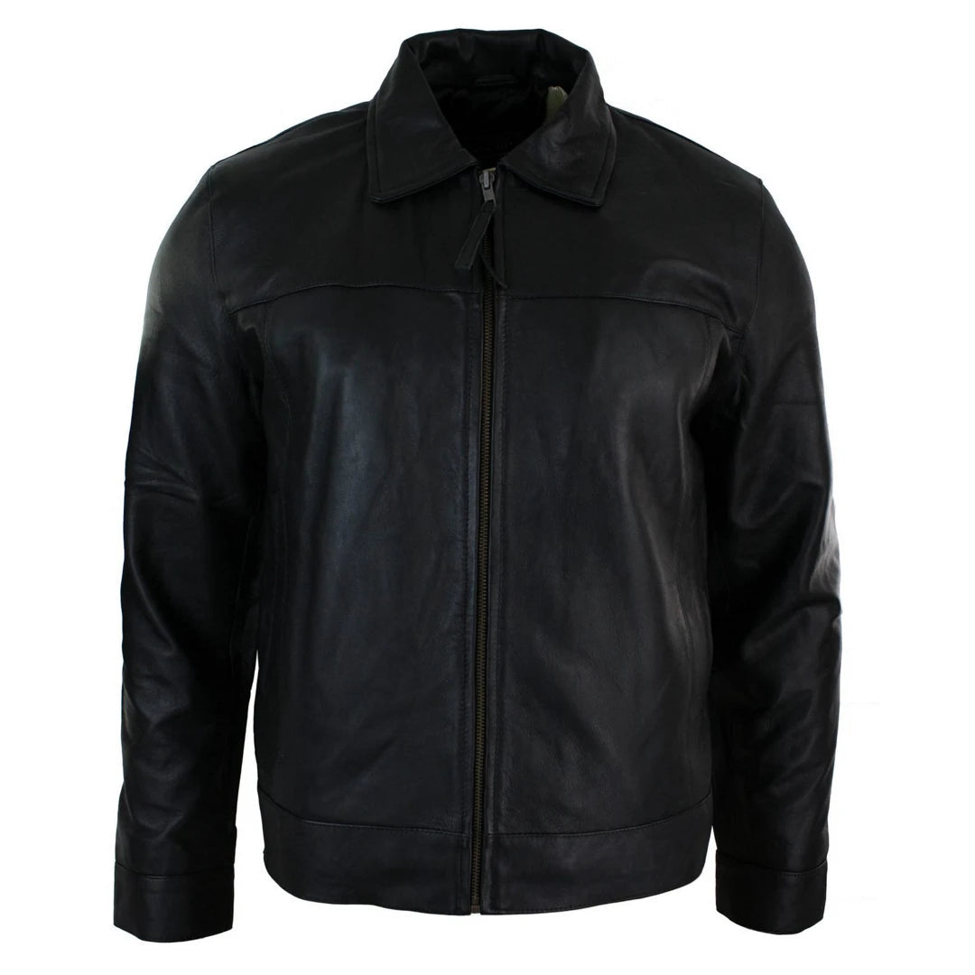 Men's breathable raincoat-Men's Classic Zipped Leather Jacket Black