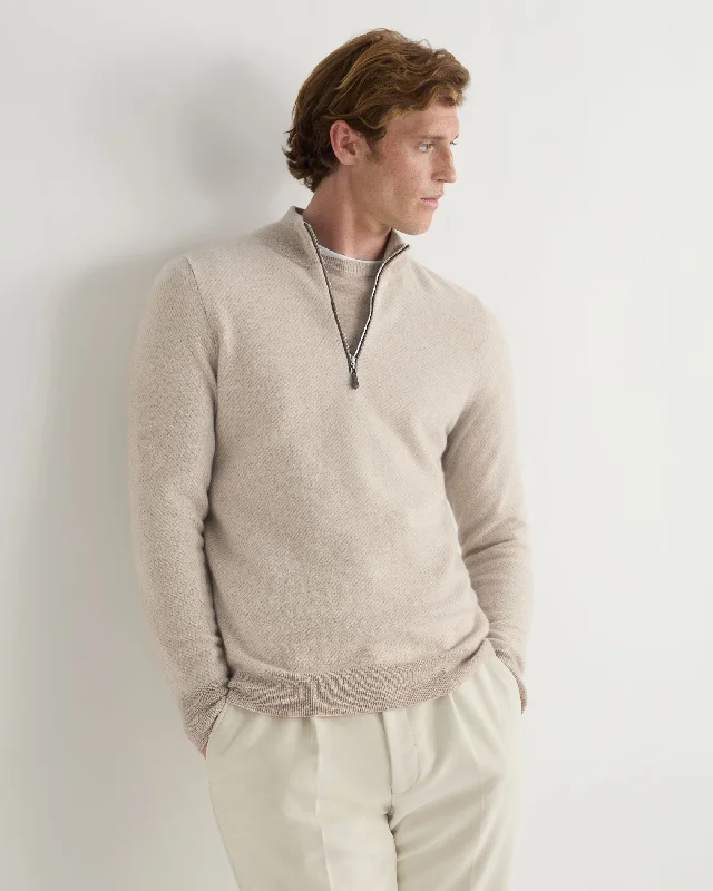 Men's travel knitwear-Men's Temple Jacquard Half Zip Cashmere Sweater Toasted Sesame Brown