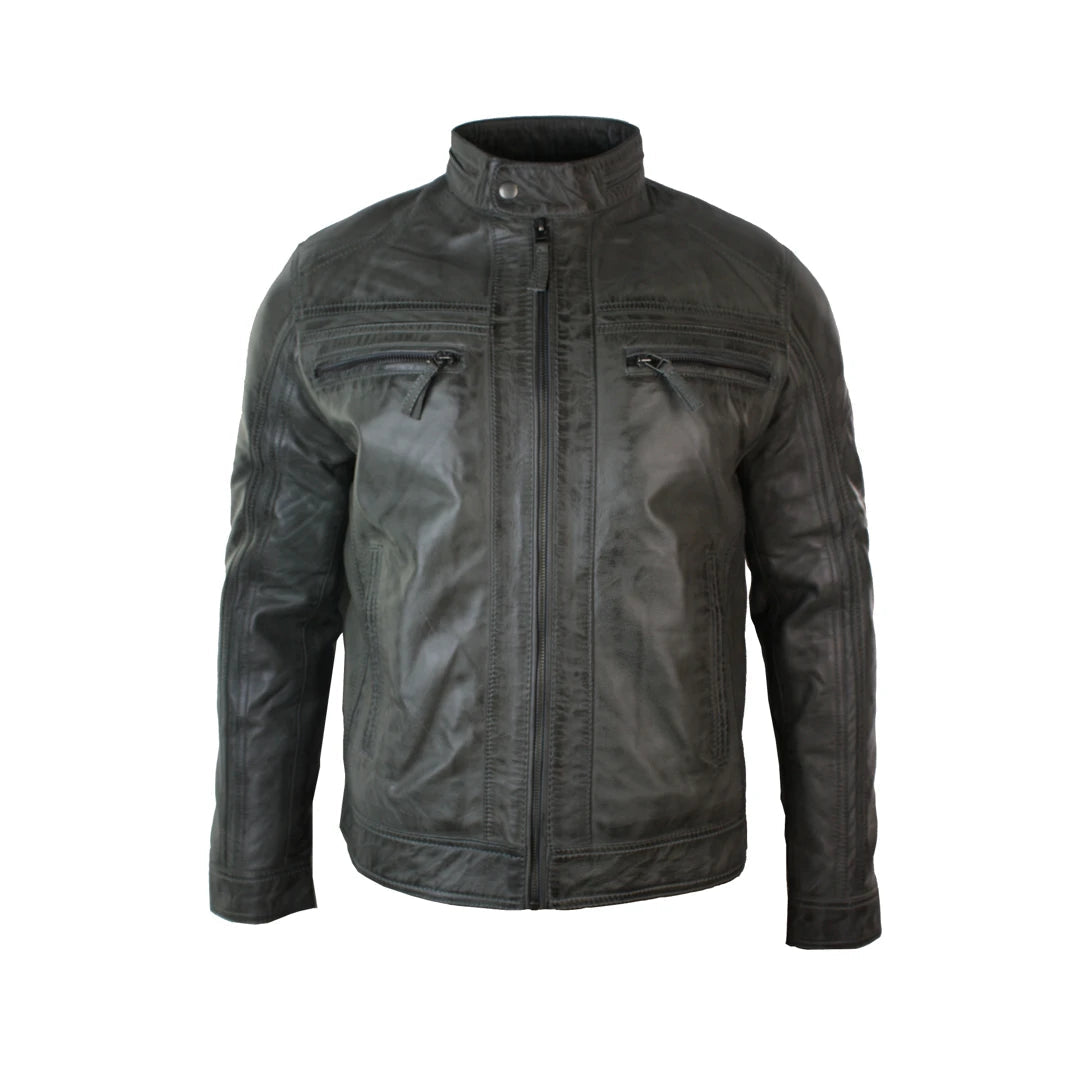 Men's ultra-comfortable field jacket-Men's Zipped Biker Jacket Leather Soft Grey