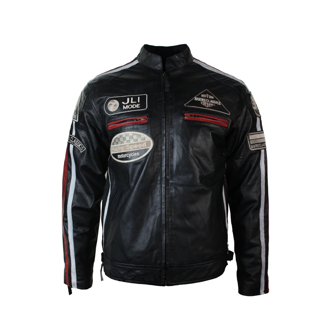 Men's summer raincoat-Men's Classic Biker Racer Leather Jacket Black Zipped Badge