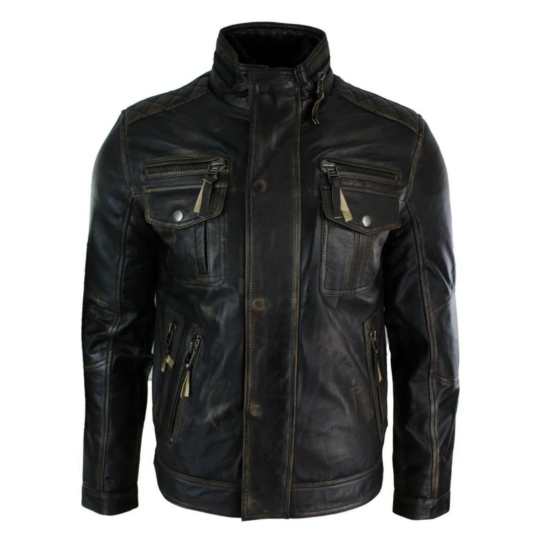 Men's ultra-breathable utility jacket-Men's Distressed Ruboff Black Brown Military Leather Jacket