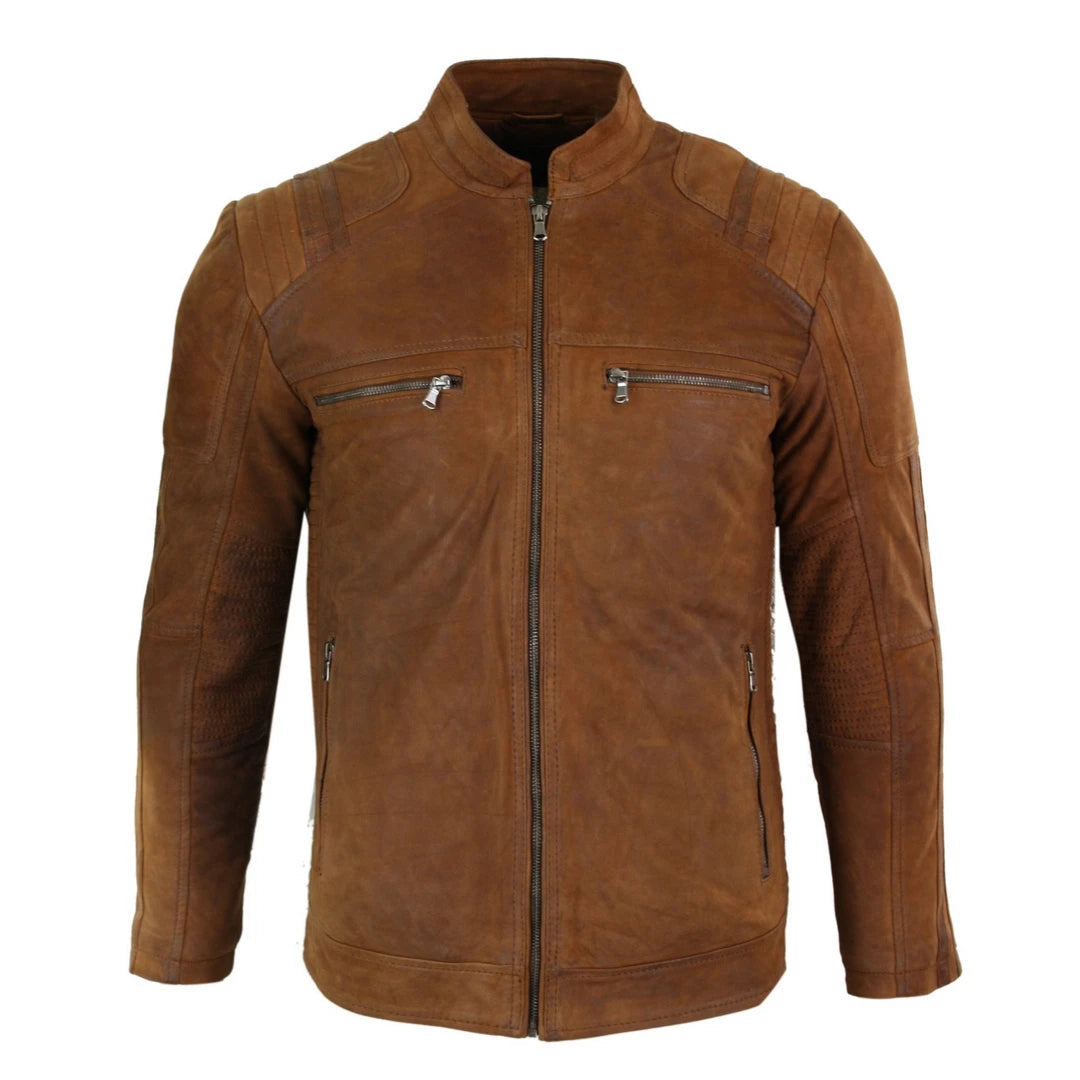 Men's lightweight utility jacket-Men's Suede Leather Camel Zip Biker Racing Jacket Washed Nehru Collar