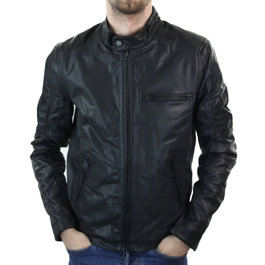 Men's sustainable raincoat-Men's Racing Black Zipped Biker Jacket Leather