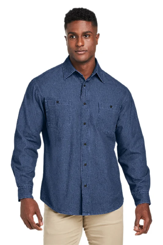 Men's modern raincoat-Harriton Mens Button Down Denim Shirt Jacket - Dark Denim Blue