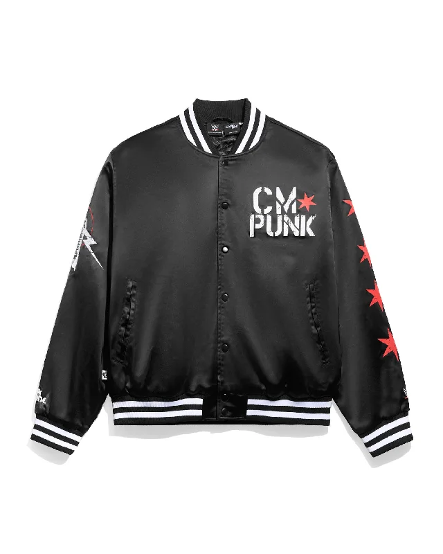 Men's versatile leather jacket-CM Punk Black Satin Jacket