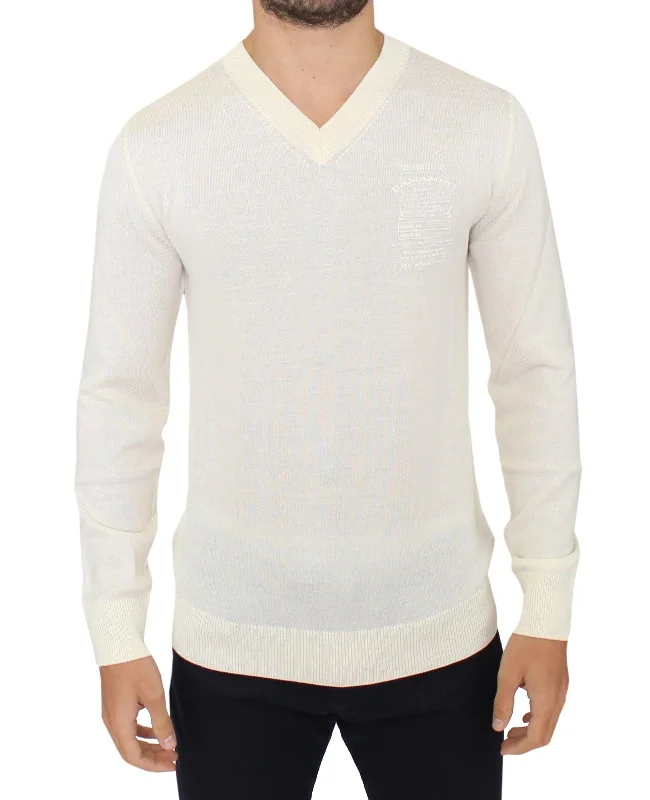 Men's streetwear knit-Ermanno Scervino ivory Wool Blend V-neck Pullover Men's Sweater