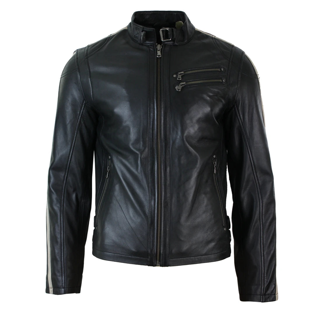 Men's quick-dry field jacket-Men's Short Leather Biker Racing Jacket Stripes Sleeves Zipped