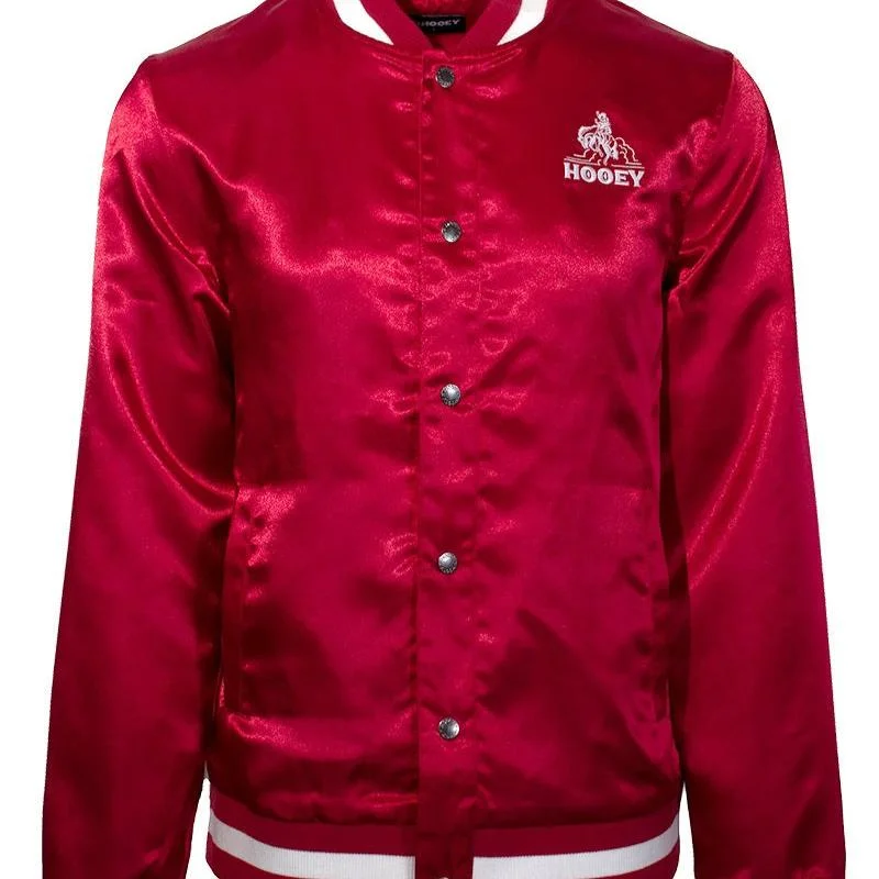 Men's tech-fabric fleece jacket-Hooey Men's Branded Satin Bomber Jacket in Red & White