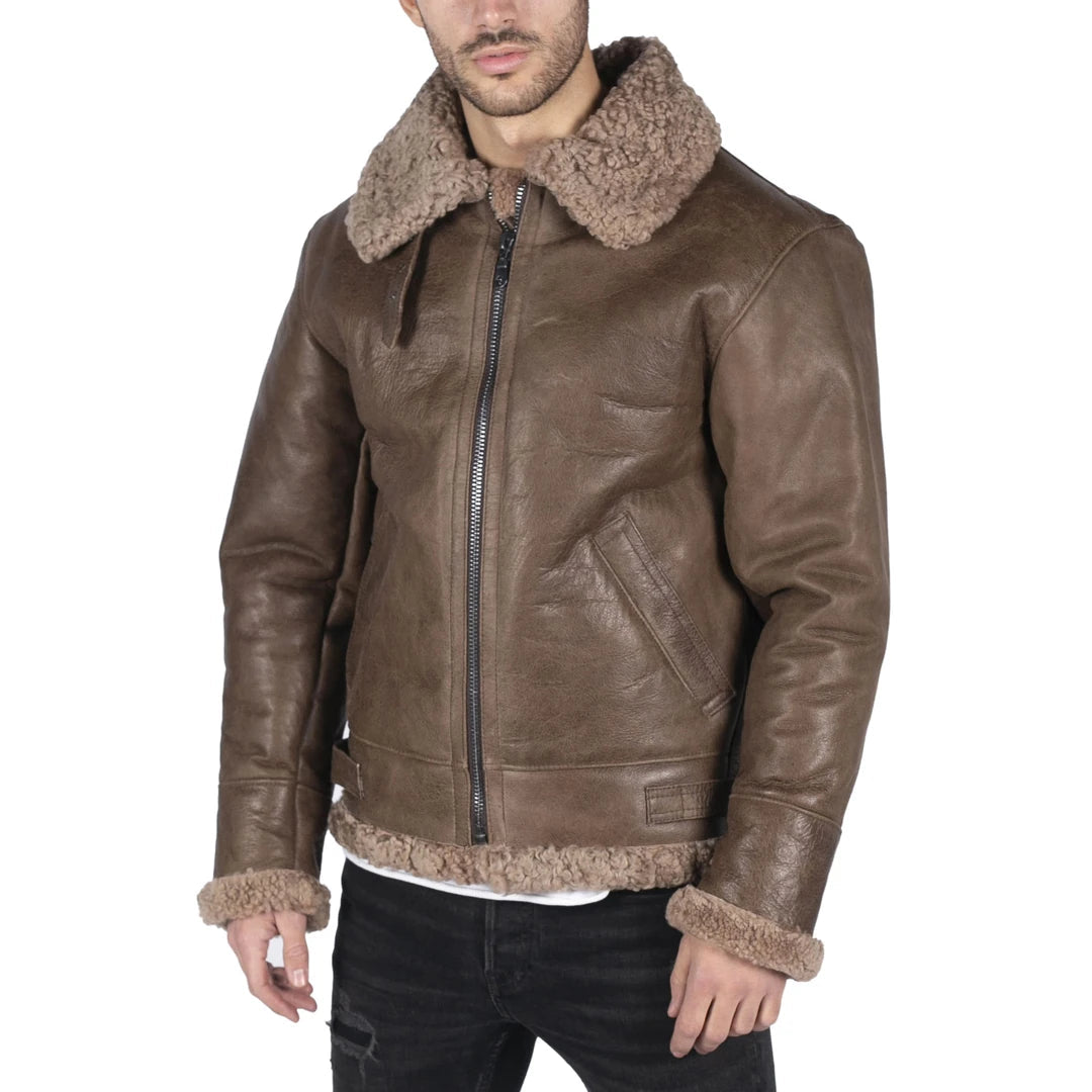 Men's fashion-forward raincoat-Men's Sheepskin Leather B3 Flying Aviator Brown Teddy Sheep Fur