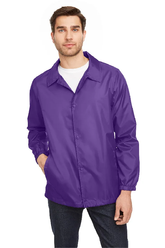 Men's weatherproof fleece jacket-Team 365 Mens Zone Protect Water Resistant Snap Down Coaches Jacket - Purple