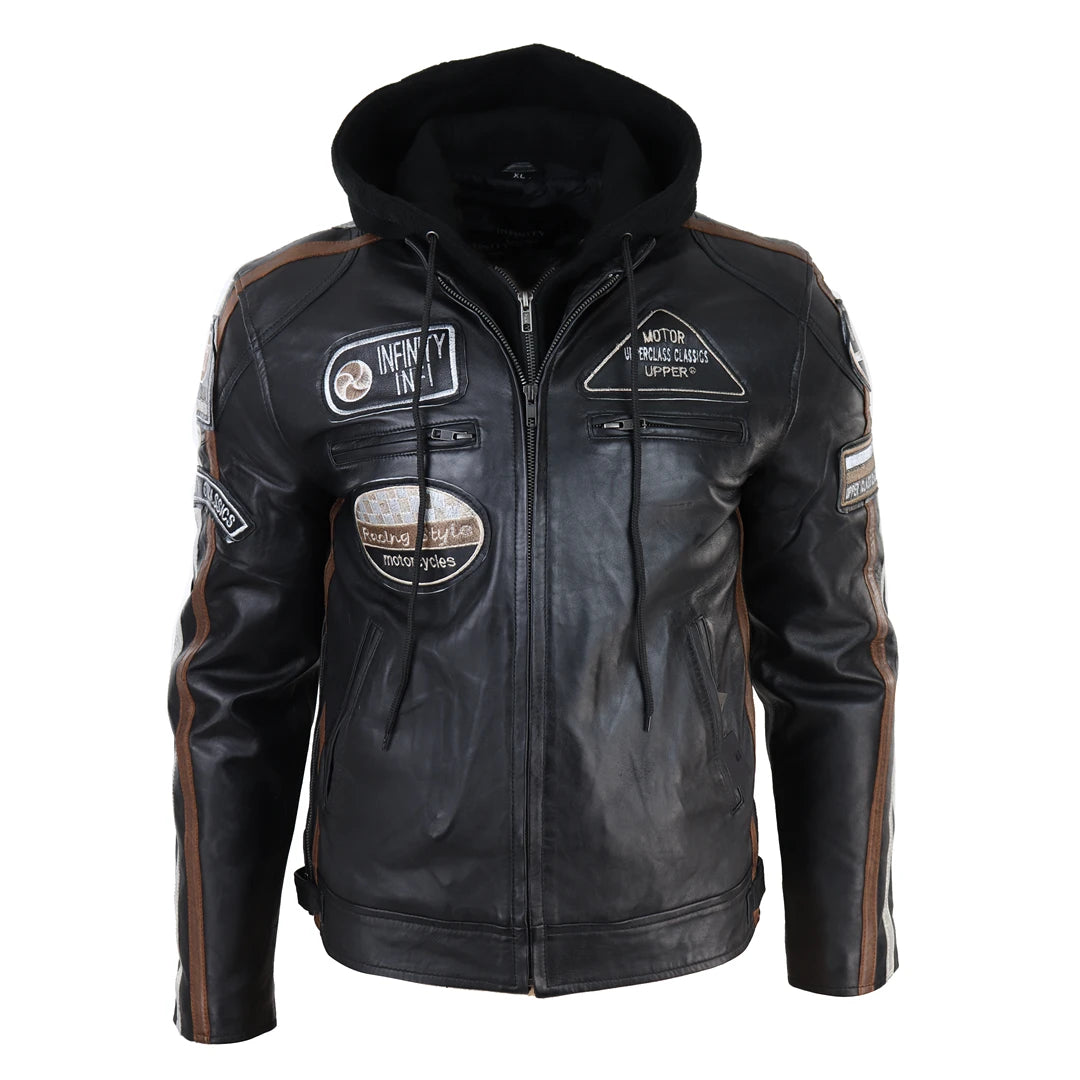 Men's sustainable raincoat-Men's Hooded Zipped Biker Leather Jacket