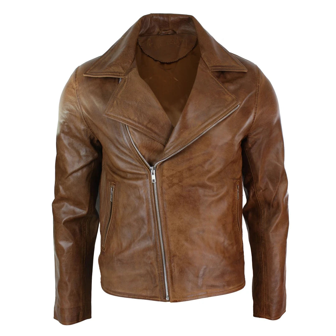 Men's weatherproof fleece jacket-Men's Tan Brown Maroon Classic Cross Zip Brando Leather Biker Jacket