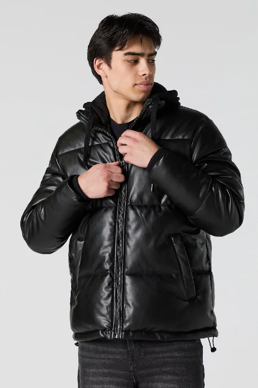 Men's lightweight utility jacket-Faux Leather Hooded Puffer Jacket