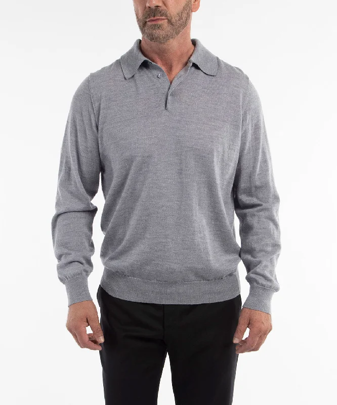 Men's summer travel wear polo shirt-Signature Ultra Light 100% Merino Wool Long-Sleeve Polo Sweater