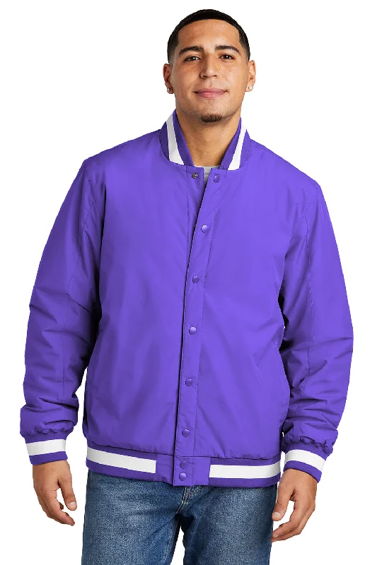 Men's relaxed fit bomber jacket-Sport-Tek Mens Water Resistant Snap Down Varsity Jacket - Purple