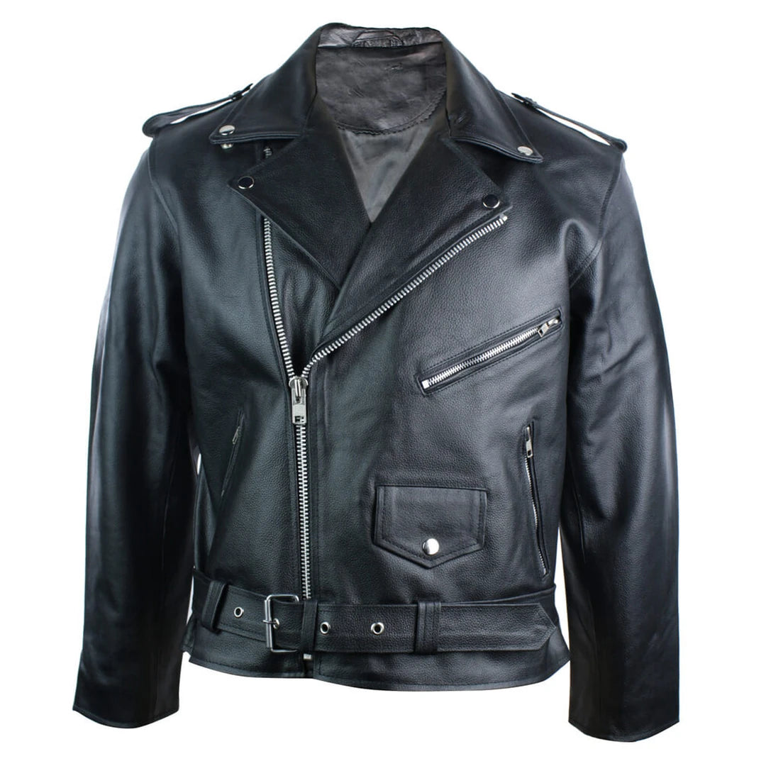 Men's sustainable leather jacket-Men's 100% Leather Brando Classic Biker Jacket Black